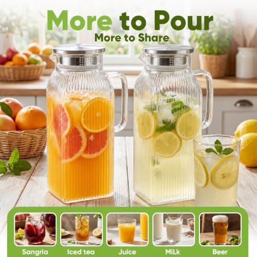 2 Pack Glass Pitcher with Lid, 68 oz Each, Square Striped Glass Water
