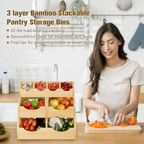 Potato and Onion Storage Bin, 3-Tier Stackable Bamboo Pantry Bins