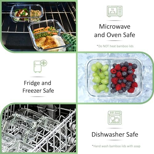 EcoPreps Glass Meal Prep Containers with Bamboo Lids, 2 Compartment