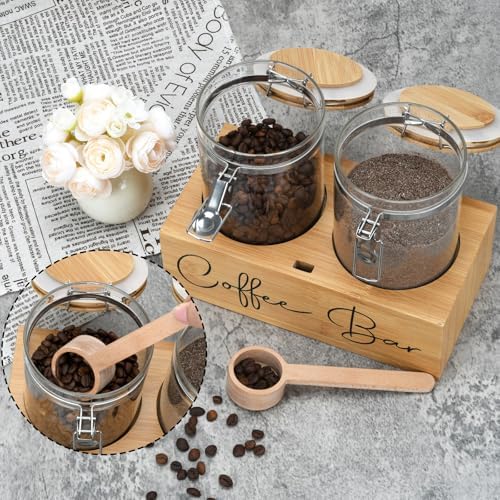 Glass Coffee Canister Set with Bamboo Shelf & Spoon - 2 Airtight