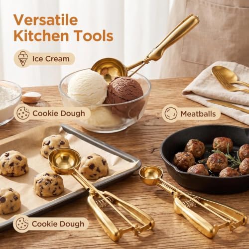 Gold Ice cream spoon,3Pcs Cookie Scoop Set,Stainless steel ice cream