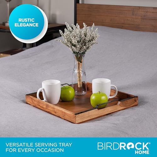 Acacia Wood Serving Tray with Handles - 16 Inch Square Large Serving