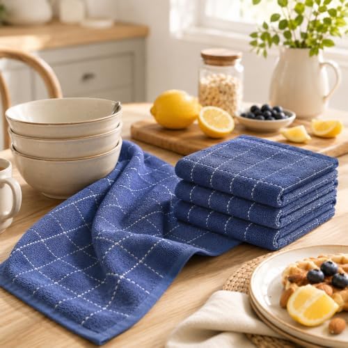 Kitinjoy 100% Cotton Kitchen Towels and Dishcloths Set, Navy Blue
