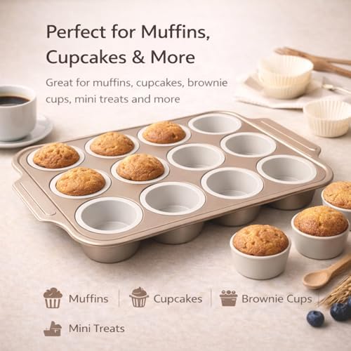2Pack Silicone Muffin Pans with Steel Frame, 12-Cup Nonstick Bakeware