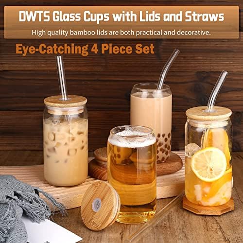 Iced Coffee Cups with Lids,Glass Cups with Lids and Straws,4 Coffee