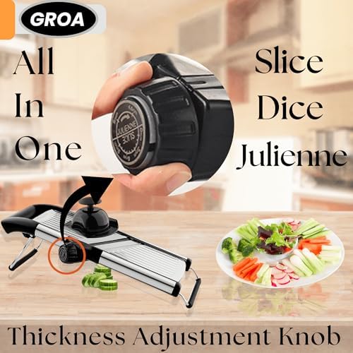 Groa Adjustable Mandoline Slicer for Kitchen– French Fry Cutter, Potato Slicer Vegetable Slicer Tomato Slicer in Kitchen Essentials with Resistant Gloves- Stainless Steel Mandolin vegetable cutter