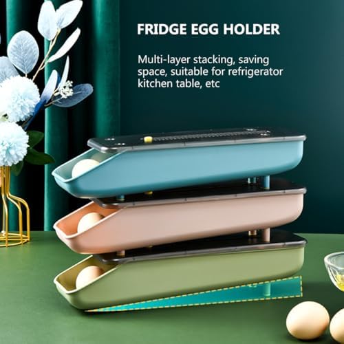 Green Refrigerator Egg Tray with Drawer, Stackable Plastic Organizer