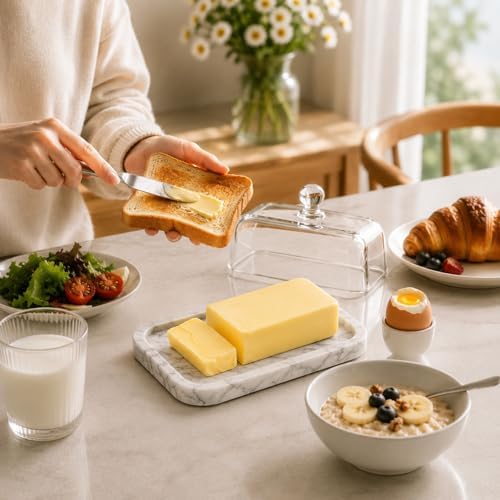 White Marble Butter Dish with Glass Lid, 7.2 x 5 In