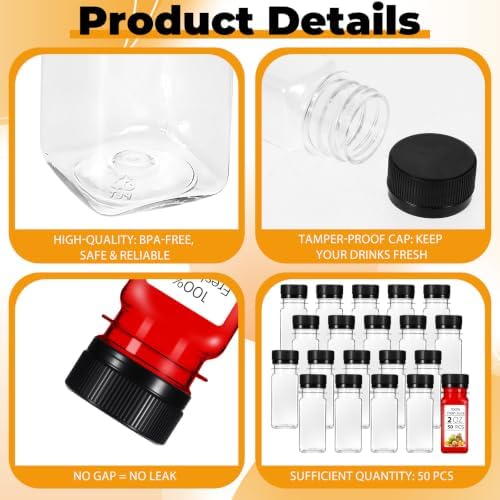 50 Pcs 2oz Plastic Juice Bottles with Caps, 2oz Plastic Juice Bottles