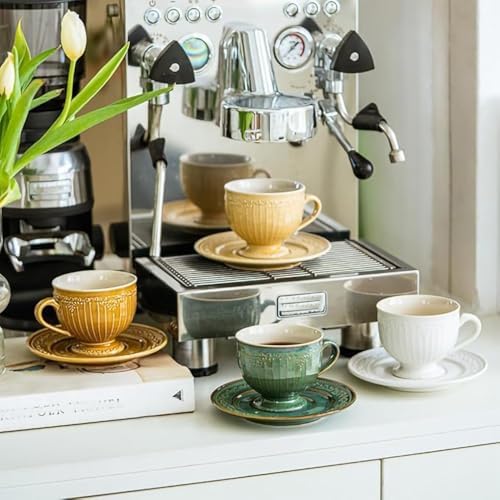 WAIT FLY Vintage Embossed Ceramic Coffee Mug with Saucer Set, Espresso