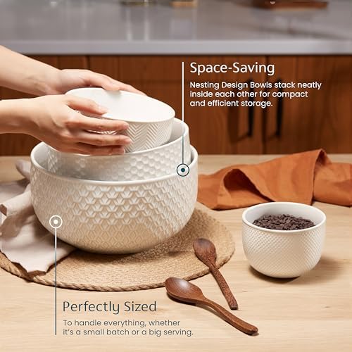 KooK Ceramic Nesting Bowls, Embossed, Oven Safe, Set of 4, Marshmallow