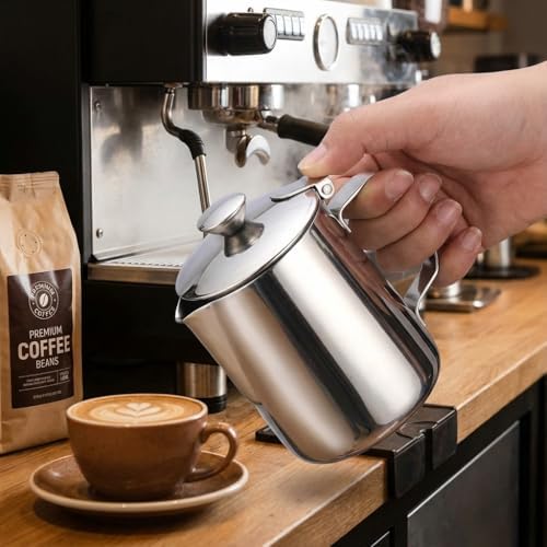 Milk Frothing Pitcher, 350ml (12oz), Stainless Steel Creamer with Lid