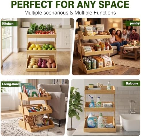 3 Tier Fruit Basket - Bamboo Fruit Bowl for Kitchen Counter, Large Tiered Storage for Bread Snacks Veggies, Durable & Easy to Assemble Stand for Countertop Organizer