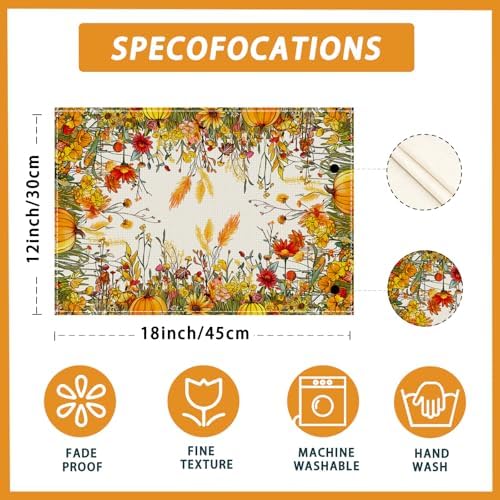 XCHI Fall Wild Flowers Placemats Set of 4 Table Decor 12x18 Inch