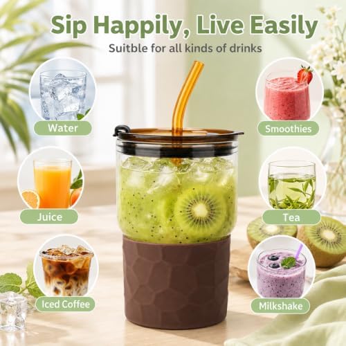 16oz Coffee Tumbler, Reusable Borosilicate Glass Cups with Lids and