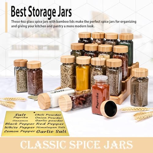 Glass Spice Jars with Bamboo Airtight Lids - (4 Pack) - 4 oz Square