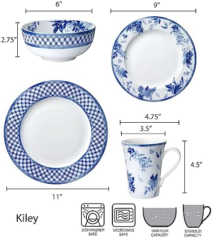 Mikasa Kiley Bone China Lightweight Chip Resistant 16 Piece Dinnerware Set, Service for 4,Blue and White