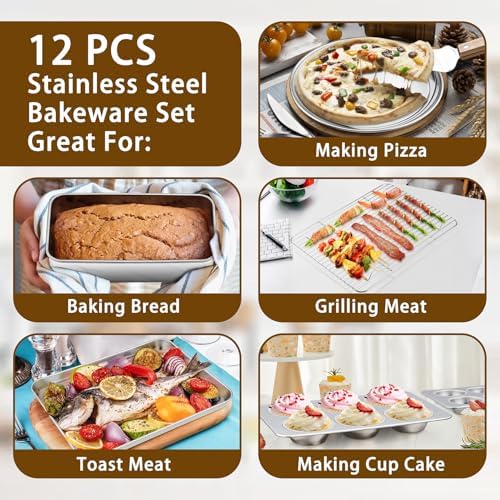 P&P CHEF 12-Piece Bakeware Set, Stainless Steel Baking Pans Set for