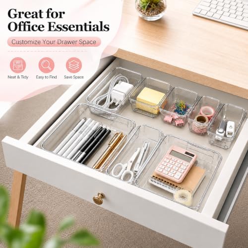 Adjustable Clear Drawer Storage Organizer, 16 Pack 3 Sizes Expandable Plastic Storage Boxes for Kitchen, Bathroom, Vanity, Office, Makeup, Desk and Closet Organization