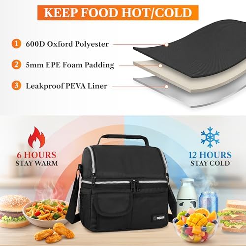 opux Insulated Lunch Bag Women Men, Dual Compartment Leakproof, Black