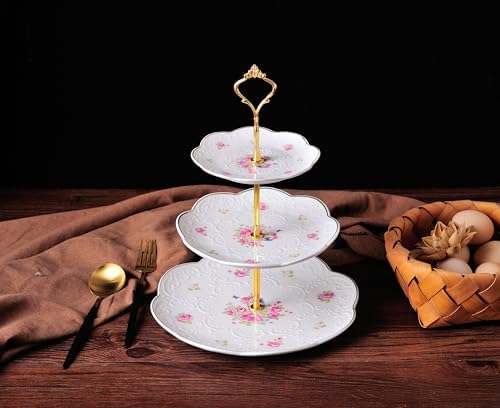 Jusalpha Embossed 3-tier Ceramic Cake Stand- Cupcake Stand with Golden