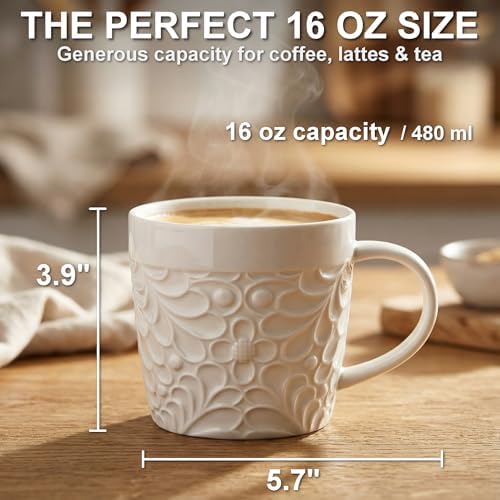 16 Oz Ceramic Coffee Mugs Set of 4, Rustic Embossed Nature Design