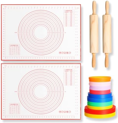 Qinyoung 20 Pcs Rolling Pin Set, 2 Wood Rollers 16 Rings Silicone Mats