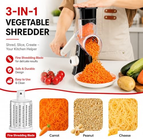 Rotary Cheese Grater with 3 Blades and Suction Base