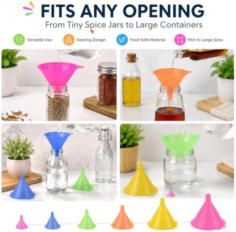 6 Pcs Plastic Funnel Set for Kitchen, All Purpose, Multicolor