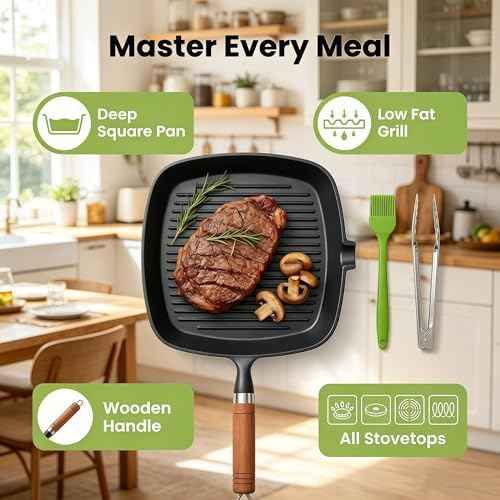 Cast Iron Grill Pan, 9 inch Griddle Pan Skillet with Wooden Handle, Kitchen Tong & Oil Brush included