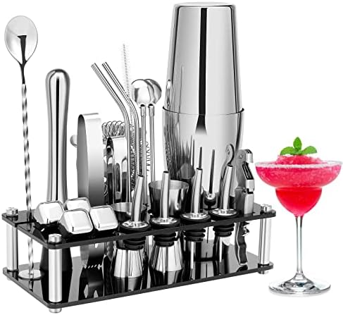 KINGROW Cocktail Shaker Set, 23 Piece Bartender Kit with Stand Silver
