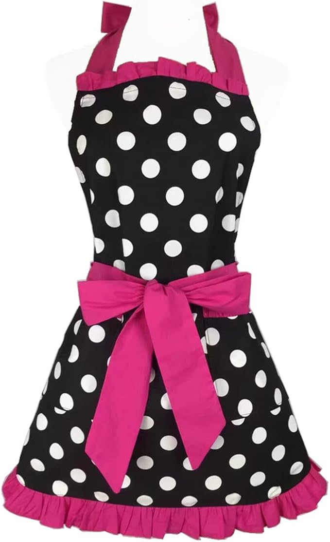 Hyzrz Cute Apron Retro Black Polka Dot Retro Ruffle Side Vintage Cooking Aprons by Hyzrz