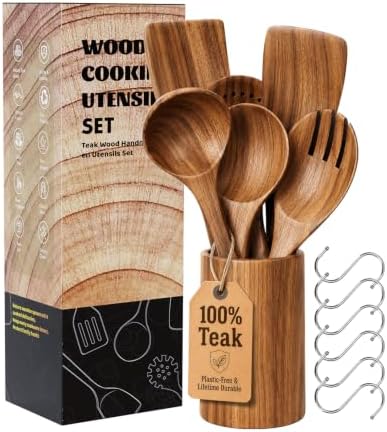 7-Piece Solid Teak Wooden Utensil Set with Holder