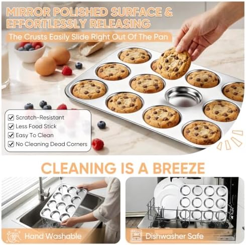 TeamFar Muffin Top Pan, 12 Cavity Stainless Steel Shallow Cupcake Pan