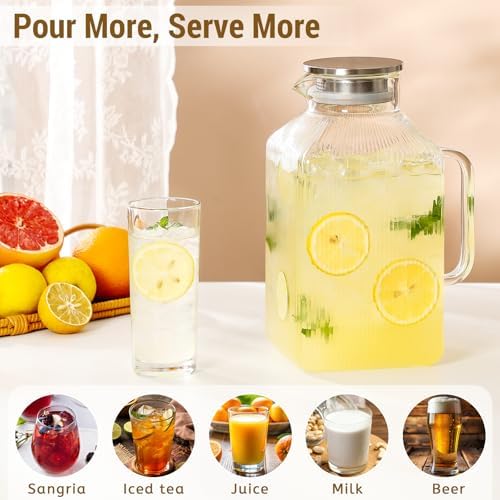 1 Gallon Square Classic Stripes Glass Pitcher with Lid, Pitchers for