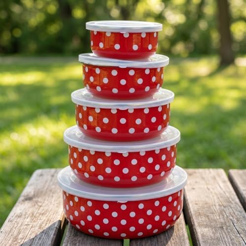 Milisten 5-Piece Enamel Bowls with Lids, Retro Nesting Food Storage