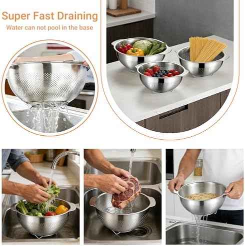 Colanders & Food Strainers,Stainless Steel Colander,3 Pcs Kitchen Strainers(2.5QT, 3.5QT, 5QT) for Pasta, Rice, Vegetables,Dishwasher Safe Metal Colander with Handles,Kitchen Gift