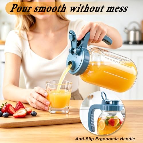 Mason Jar Pitcher 64 Oz With Pour Spout Lid Wide Mouth Glass Water