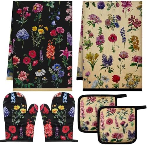 Bencailor 6 Pcs Vintage Flower Kitchen Towels Oven Mitts and Pot