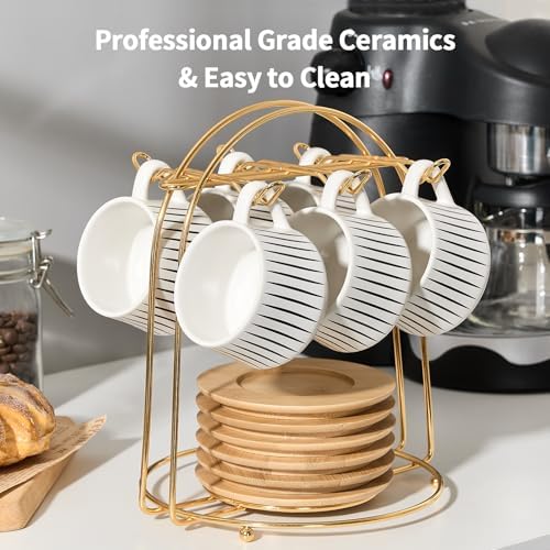 LUKA Ceramic Coffee Espresso Cups with Saucers Set with Metal Holder
