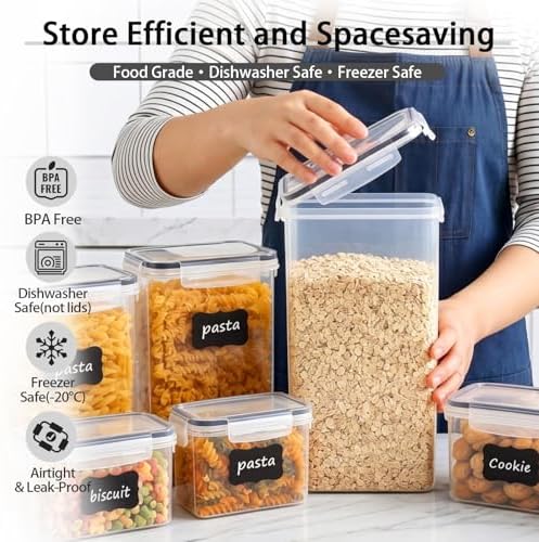 7 PCS Airtight Food Storage Containers with Lids, Plastic Kitchen and Organization Canisters for Cereal, Dry Food, Flour and Sugar, BPA-Free, PVC-Free, Includes Labels & Marker