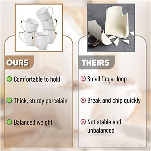 BTaT- White Porcelain Coffee Mug Set, 6 Pack, 12oz, Gold Trim Design