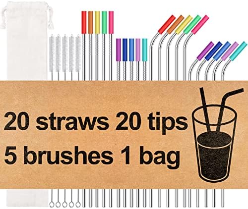 20 Pack Reusable Stainless Steel Metal Straws,10.5" & 8.5" Reusable