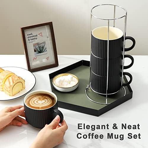 HASENSE Coffee Mug Ceramic Set of 4 with Stand, Stackable Large Latte