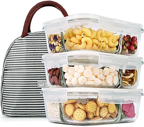 DAS TRUST 3 Pack Bento Box Glass Meal Prep Containers - 3 Compartment