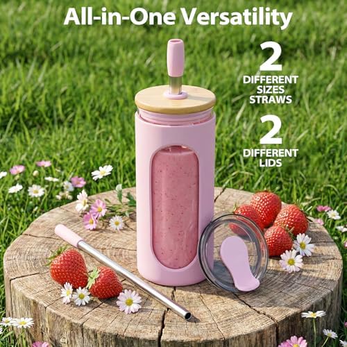 Sursip 20 oz Glass Tumbler with Lids and Straws, Iced Coffee Cups