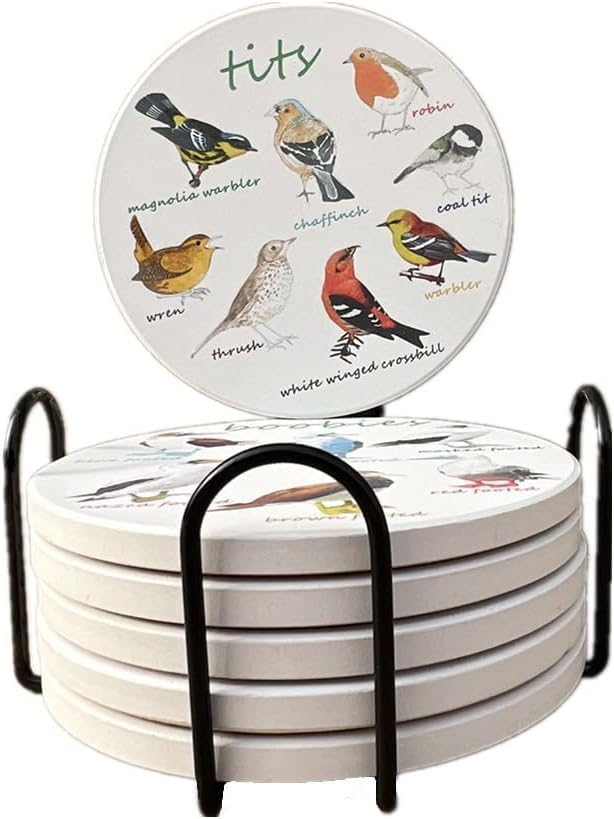Bird Ceramic Coasters For Drinks with Holder And Cork Base, Set Of 6
