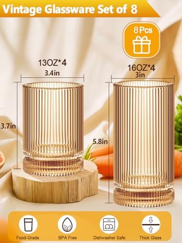 Amber Glassware Ribbed Drinking Glasses Set of 8, Vintage Glassware