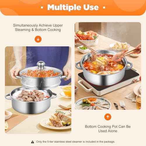 5-Tier Stainless Steel Steamer, Steamer Pot Meat Vegetable Cooking Steam Pot with Glass Lid Food-Grade Stainless Steel Food Cookware Pot for Dumplings and Vegetables Home Kitchen (Silver B 10inch)