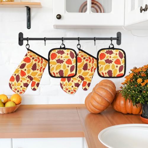 4-Piece Fall Oven Mitt and Pot Holder Set, Maple Leaves